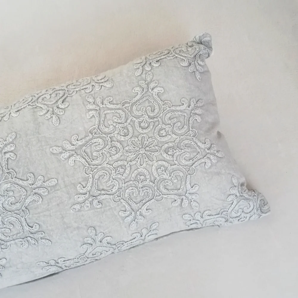 Gorgeous Muted Blue Grey Denim Batik Floral Style Long Bolster Pillow 16